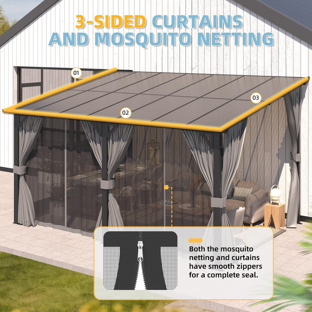AECOJOY 14' x 8' Outdoor Gazebo, Hardtop Pergola Lean to 8x14 Gazebo with Curtains and Netting, Pergolas and Gazebos Clearance with Patio Roof, Large Wall-Mounted Heavy Duty Awnings for Patio, Decks