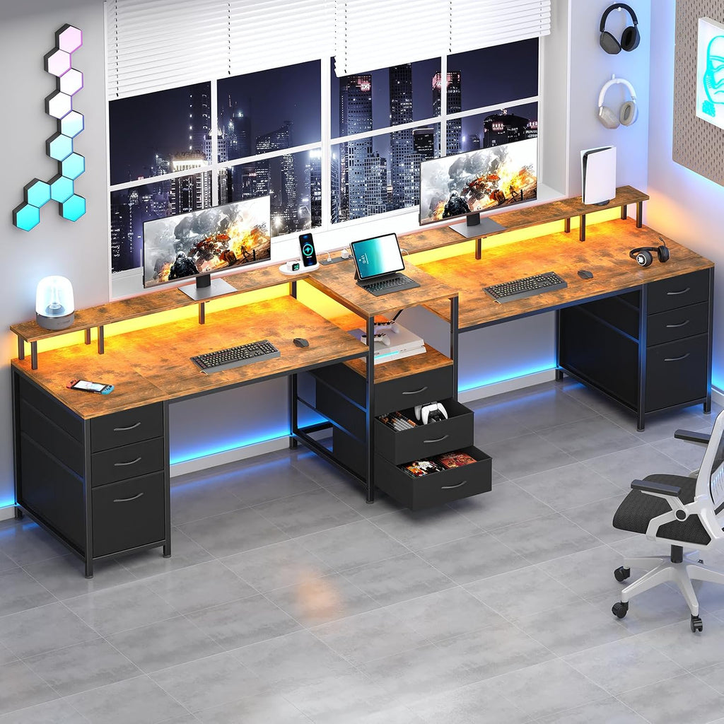 YOMILUVE 98.4' Long Computer Desk with 9 Drawers, 2 Person Gaming Desk with LED Lights & Power Outlet, Two Person Home Office Desk with Storage, Printer Shelf ＆ Monitor Stand, Rustic Brown