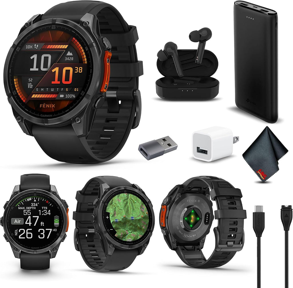 Garmin Fenix 8 47MM AMOLED Premium Multisport GPS Smartwatch Slate Gray with Black Silicone Band, Built-in LED Flashlight, Fitness and Health Smart Watch Bundle for Men and Women