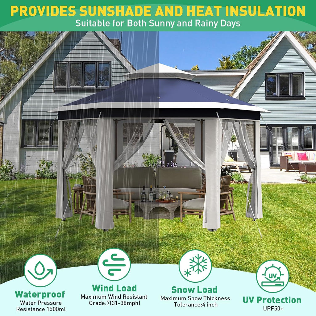 13' x 13' Pop-Up Gazebo, Hexagonal Canopy Shelter with 6 Zippered Mesh Netting, Event Tent with Strong Steel Frame for Backyard, Garden, Lawn, Blue and Beige