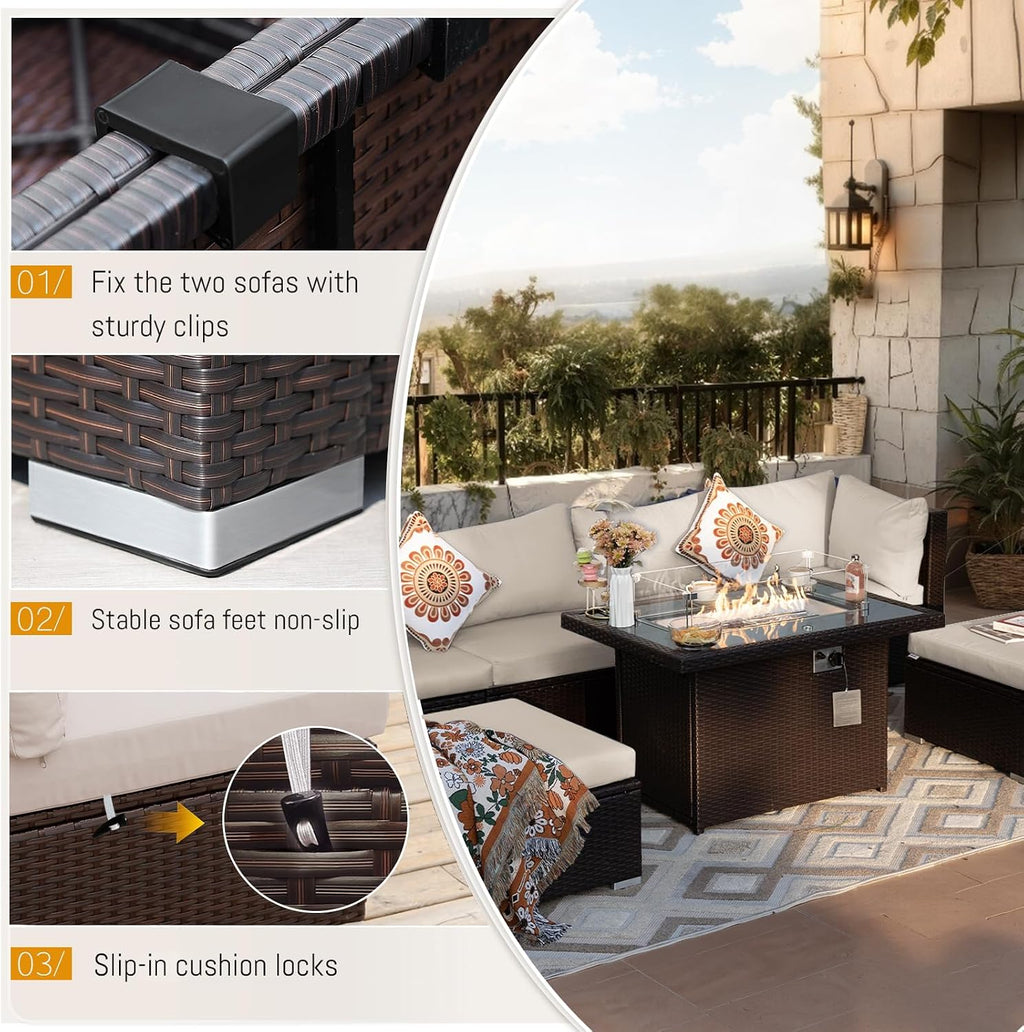 BULEXYARD 7 Piece Highback Patio Furniture Set with Fire Pit Table, Modern Modular Outdoor Sectional Couch Sofa with Ottoman, 6-Person Backyard Seating for Outside, Deck, Brown Wicker & Beige Cushion