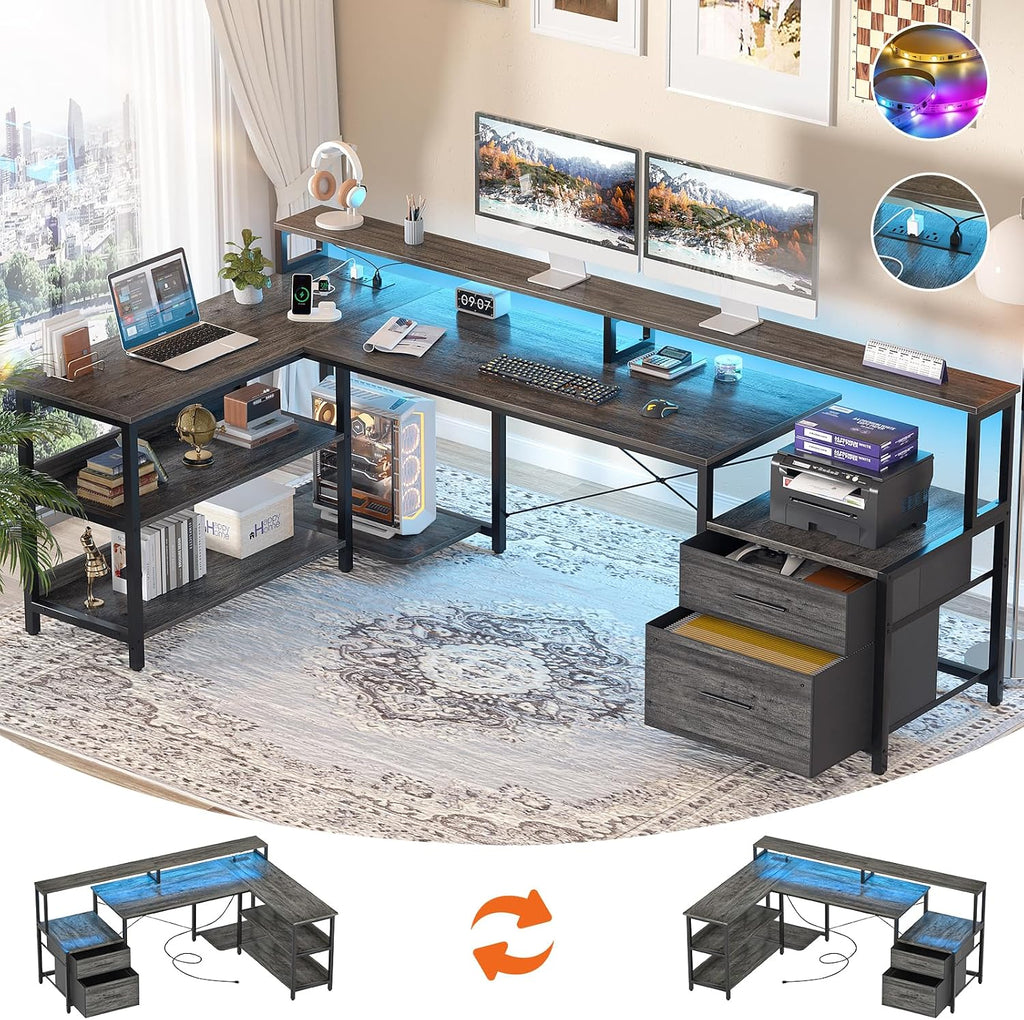 Aheaplus L Shaped Desk with File Drawer, 72.8' Reversible L Shaped Computer Desk with Power Outlet & LED Strip, Gaming Desks with Monitor Stand, Corner Office Desks with Storage Shelf, Grey Oak