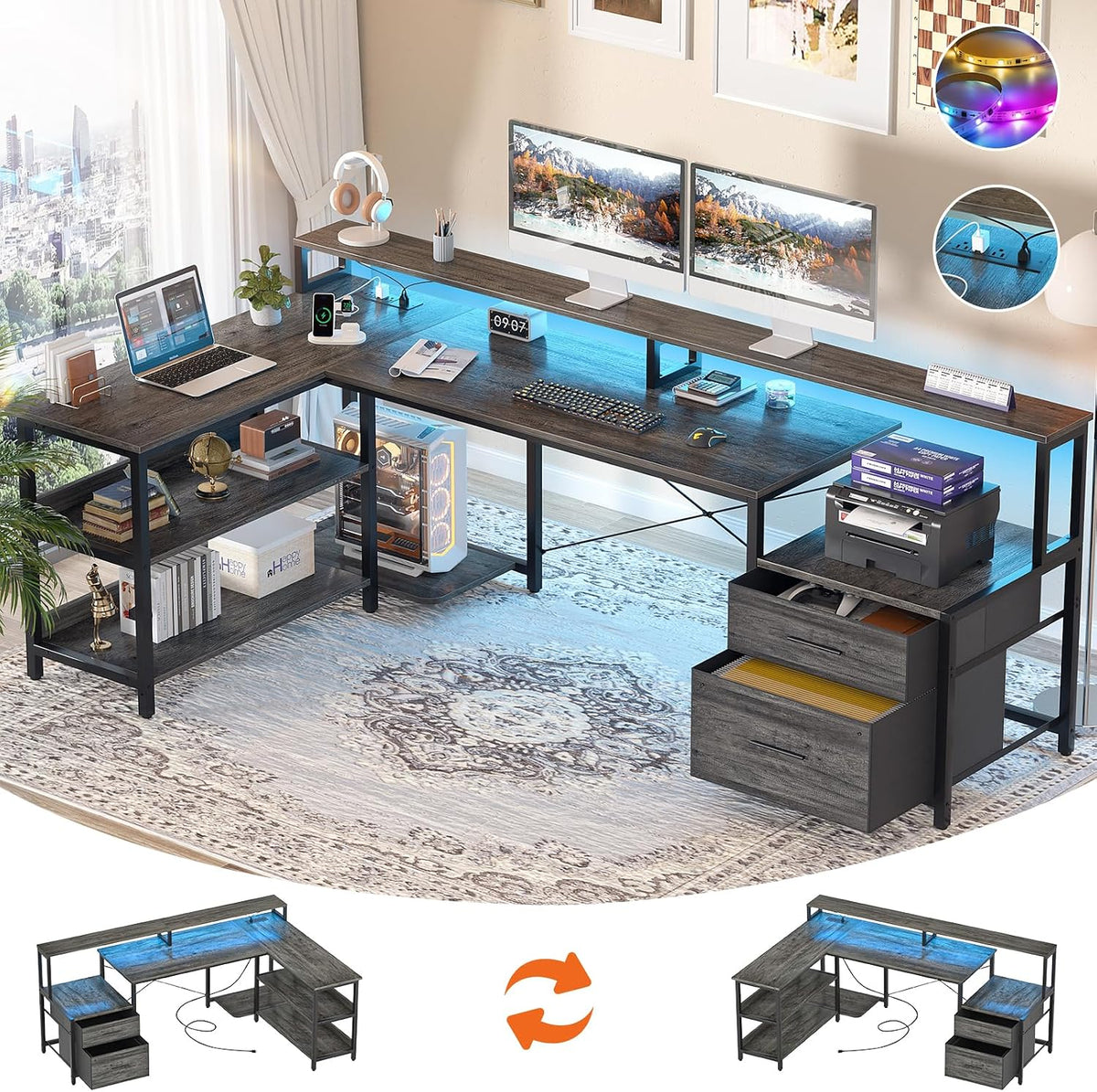 Aheaplus L Shaped Desk with File Drawer, 72.8' Reversible L Shaped Computer Desk with Power Outlet & LED Strip, Gaming Desks with Monitor Stand, Corner Office Desks with Storage Shelf, Grey Oak