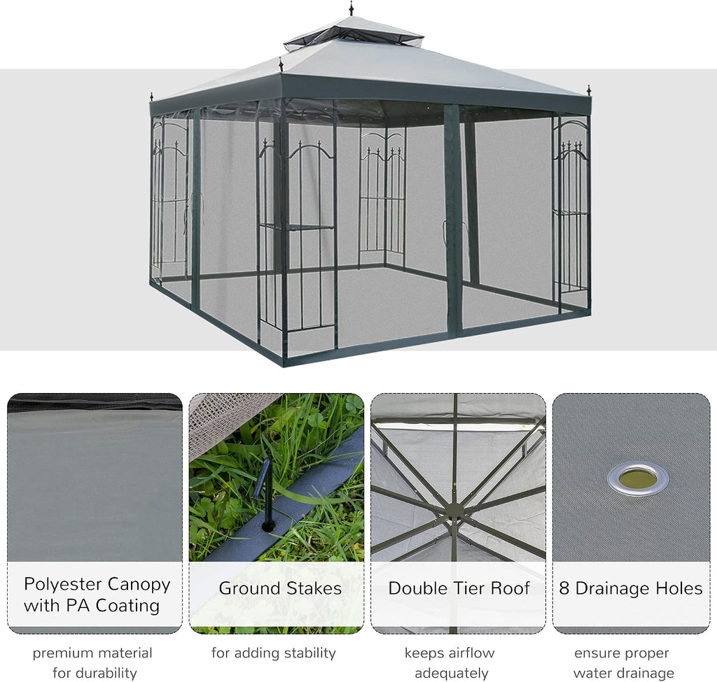 Outsunny 10' x 10' Patio Gazebo with Corner Frame Shelves, Double Roof Outdoor Gazebo Canopy Shelter with Netting for Patio, Wedding, Catering & Events, Gray