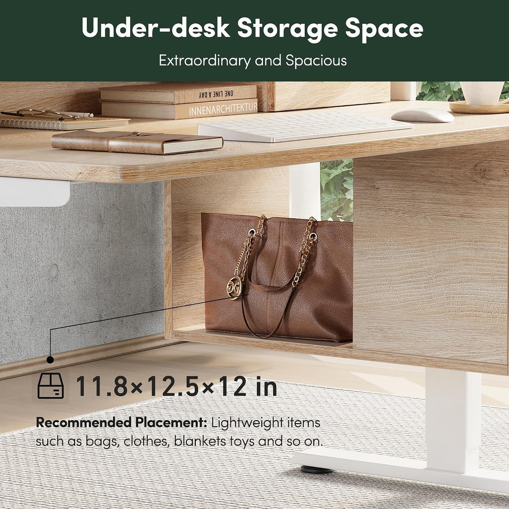 FEZIBO Standing Desk with Wood Drawers, 48' x 24' Electric Height Adjustable Table with Monitor Shelf, 3 Drawers and Open Storage, Computer Home Office Sit and Stand up Workstation, Maple