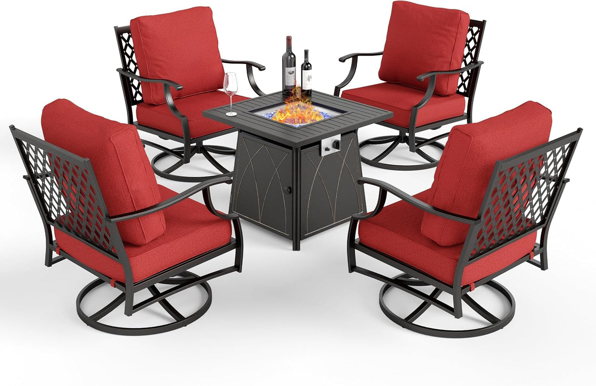 MIXPATIO Patio Furniture Set with Fire Pit Table, 5 Pcs Metal Outdoor Conversation Set, 4 Swivel Chairs with 5.75' Extra Thick Cushion and 28' Fire Pit Table for Backyard Deck, Red