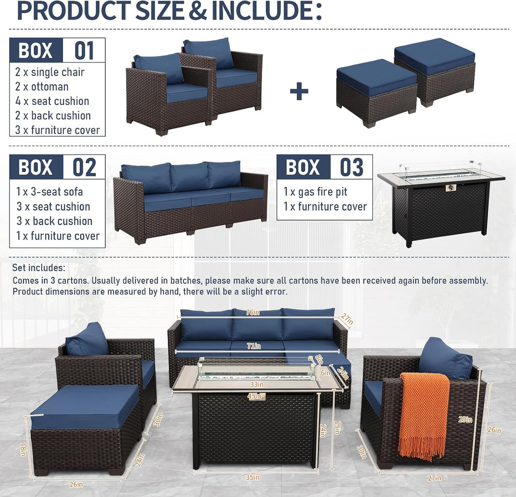 6-Piece Patio Furniture Set Outdoor Furniture Set with 45'' Propane Gas Fire Pit Table Outdoor Conversation Set Wicker Sofa Set Non-Slip Cushions Waterproof Covers, Navy Blue