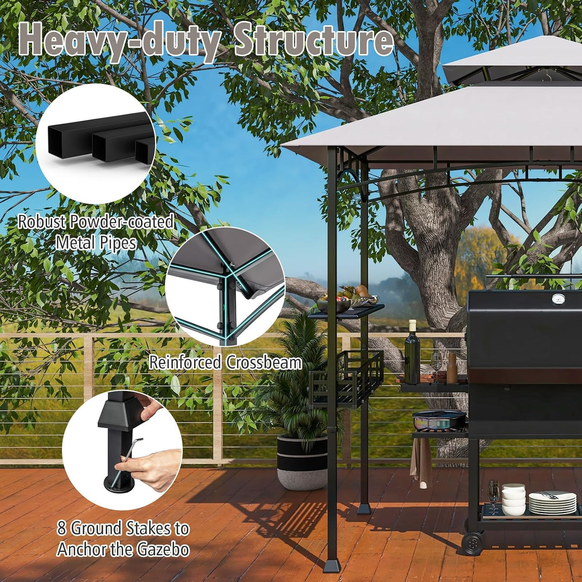 Tangkula 8x5 Ft Grill Gazebo, 2-Tier Barbecue Gazebo with 2 Shelves, 10 Hanging Hooks, Bottle Opener & Storage Basket, Outdoor Grill Canopy for Backyard Garden Poolside (Grey)