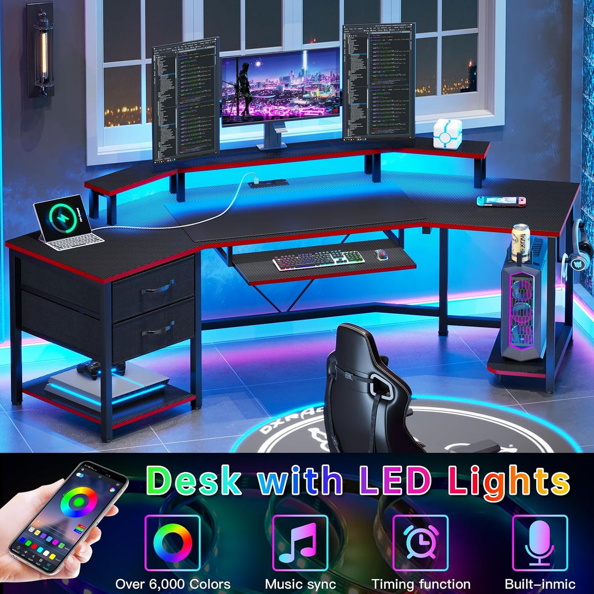 SEDETA 79' Gaming Desk, Computer Desk with 2 Fabric Drawers & LED Light, L Shaped Gaming Desk with Storage Shelf for Home Office, Carbon Fiber Black&Red
