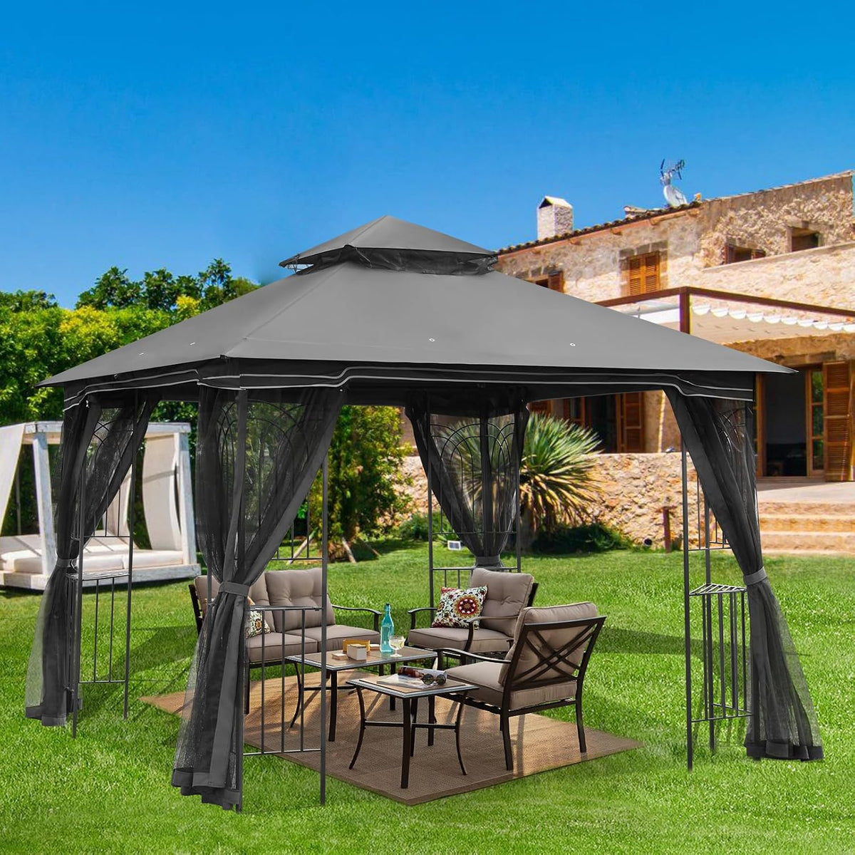 ECOTOUGE Outdoor Gazebo 10'x10', Heavy Duty Canopy Tent with Soft Double Roofs & Metal Corner Frame Shelves, Party Tent Shelter with Mosquito Netting for Patio, Deck, Backyard, Grey