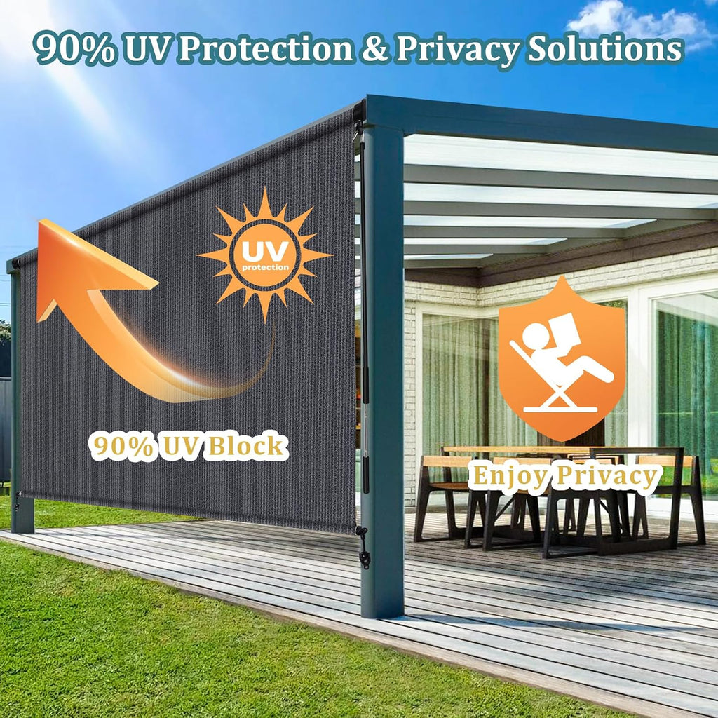 Shade&Beyond Patio Shades Roll Up Outdoor 12' W x 8' H, Cordless Roller Shade Blinds with 90% UV Protection, Exterior Sunshade Cloth Roll for Pergola Porch Gazebo Balcony, Blue Gray