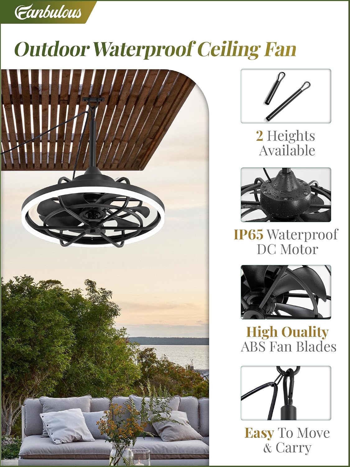 Fanbulous Outdoor Ceiling Fans with Light for Patios, 24' Weatherproof Plug in Ceiling Fan, Gazebo Fan Remote&APP Control, 3CCT Dimmable,Caged Ceiling Fan with Hanging Hook for Porch, Pergola,Canopy