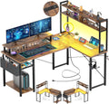 Aheaplus Small L Shaped Gaming Desk with LED Lights & Power Outlets, Reversible L-Shaped Computer Desk with Monitor Stand & Storage Shelf, Corner Desks Home Office Desk with Storage Bag, Rustic Brown