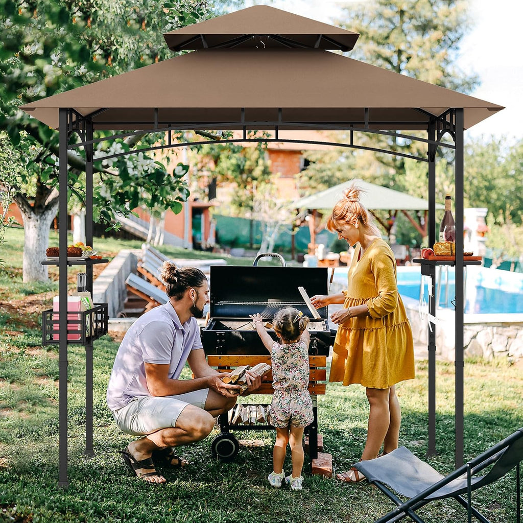 Tangkula 8x5 Ft Grill Gazebo, 2-Tier Barbecue Gazebo with 2 Shelves, 20 Hanging Hooks, Bottle Opener & Storage Basket, Outdoor Grill Canopy for Backyard Garden Poolside (Coffee)