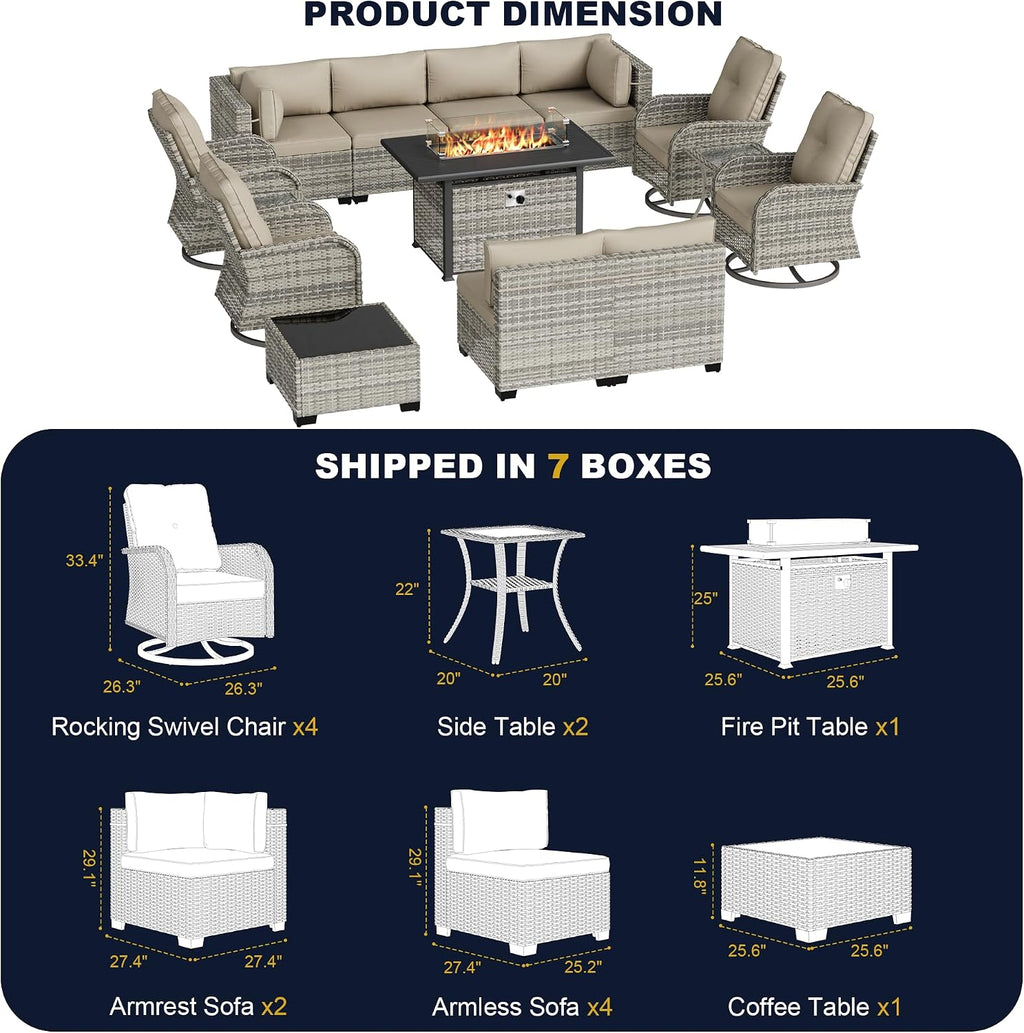 14-Piece Outdoor Patio Furniture Set with Rocking Swivel Chair, Wicker Rattan Sectional Sofa Conversation Set with 55,000 BTU Fire Pit Table, Backyard Furniture, Beige