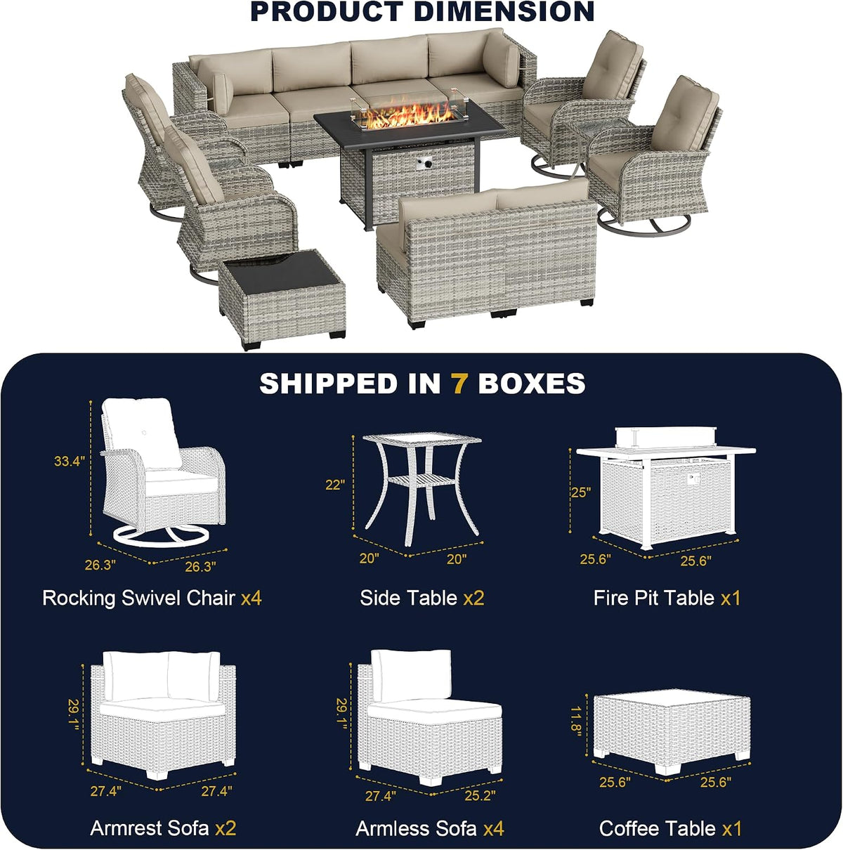 14-Piece Outdoor Patio Furniture Set with Rocking Swivel Chair, Wicker Rattan Sectional Sofa Conversation Set with 55,000 BTU Fire Pit Table, Backyard Furniture, Beige