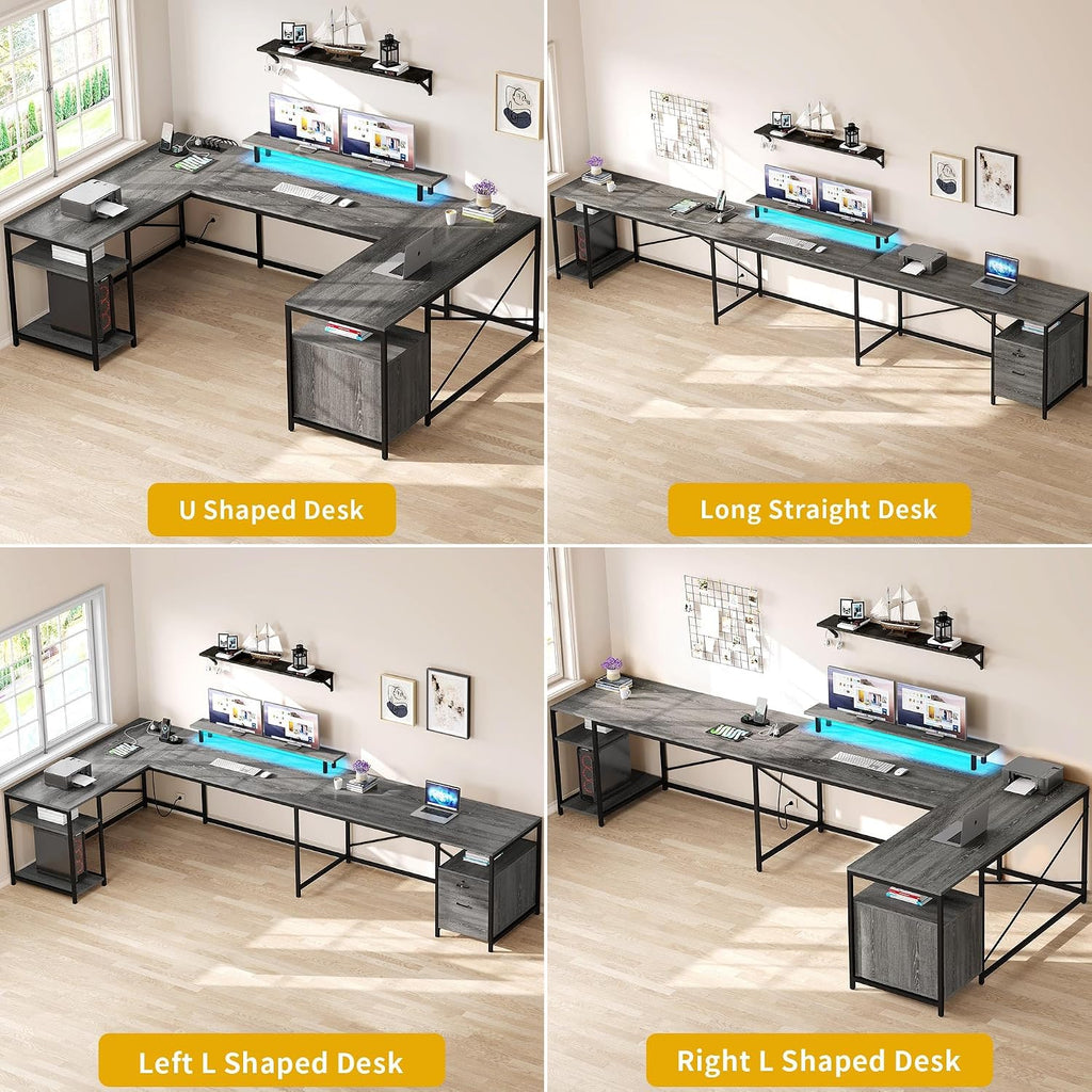DWVO U Shaped Desk with Drawers, 79' Reversible L Shaped Desk with Power Outlets & LED Lights, Corner Computer Desk with Monitor Stand & Storage Shelves, Grey