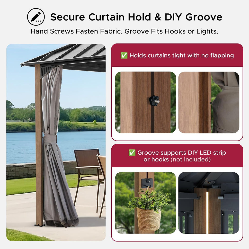 SUNJOY Kingston 12' x 10' Hardtop Gazebo with Galvanized Steel Double Roof, Curtain and Netting, Woodgrain Finish Aluminum Posts Permanent Pavilion Gazebo for Garden, Patio, Deck, Lawn