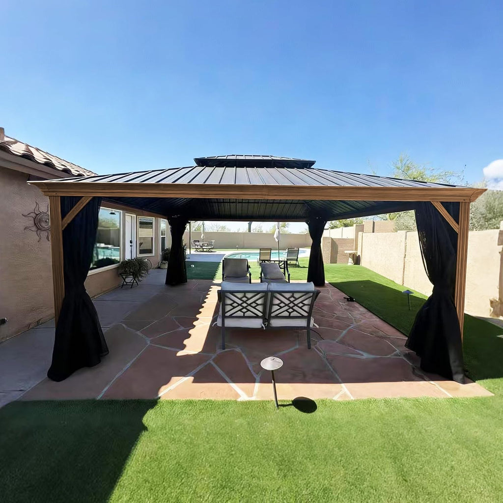 PURPLE LEAF 14' X 16' Outdoor Hardtop Gazebo for Patio Galvanized Steel Double Roof Permanent Canopy Teak Finish Coated Aluminum Frame Pavilion Gazebo with Netting