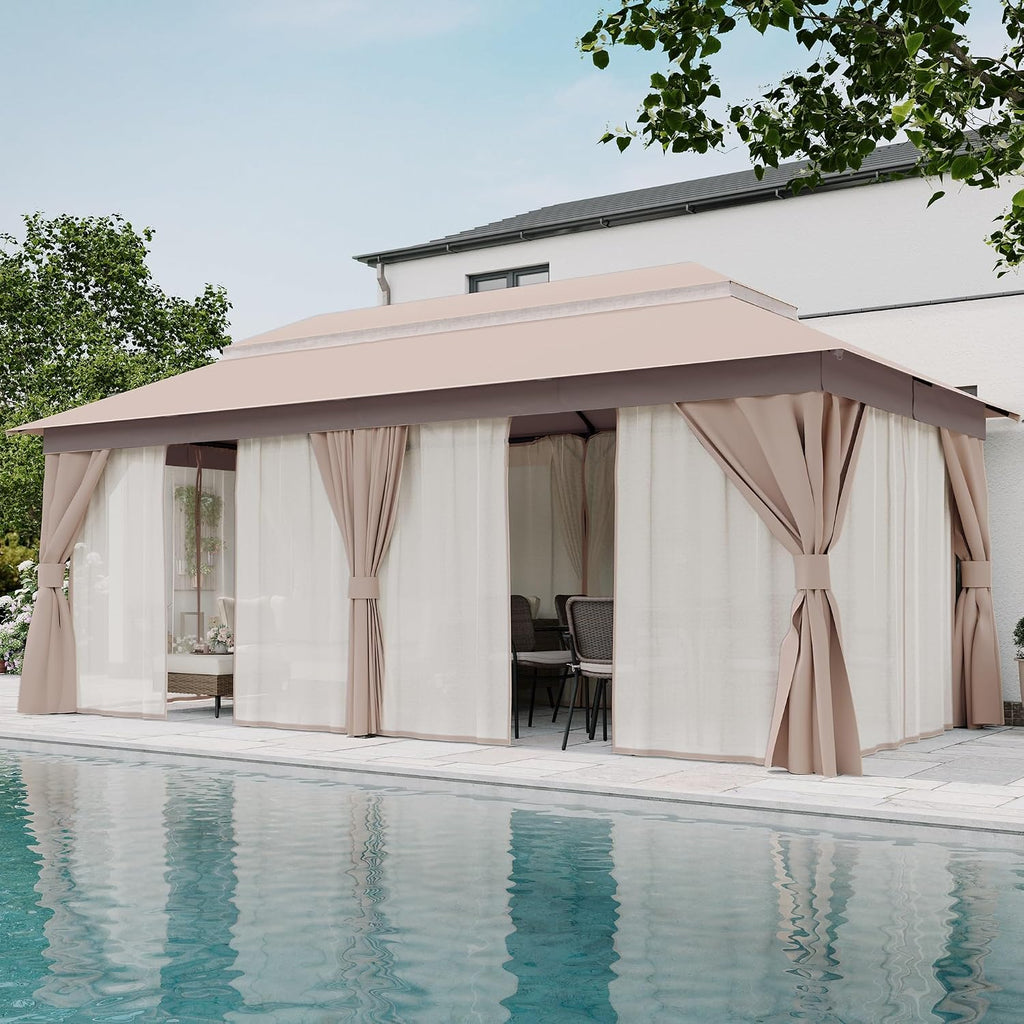 LAUSAINT HOME 10'x20' Outdoor Gazebo, Metal Frame Heavy Duty Patio Canopy Tent Shelter with Double Roofs, Mosquito Nettings and Privacy Screens for Backyard, Garden, Lawn, Khaki