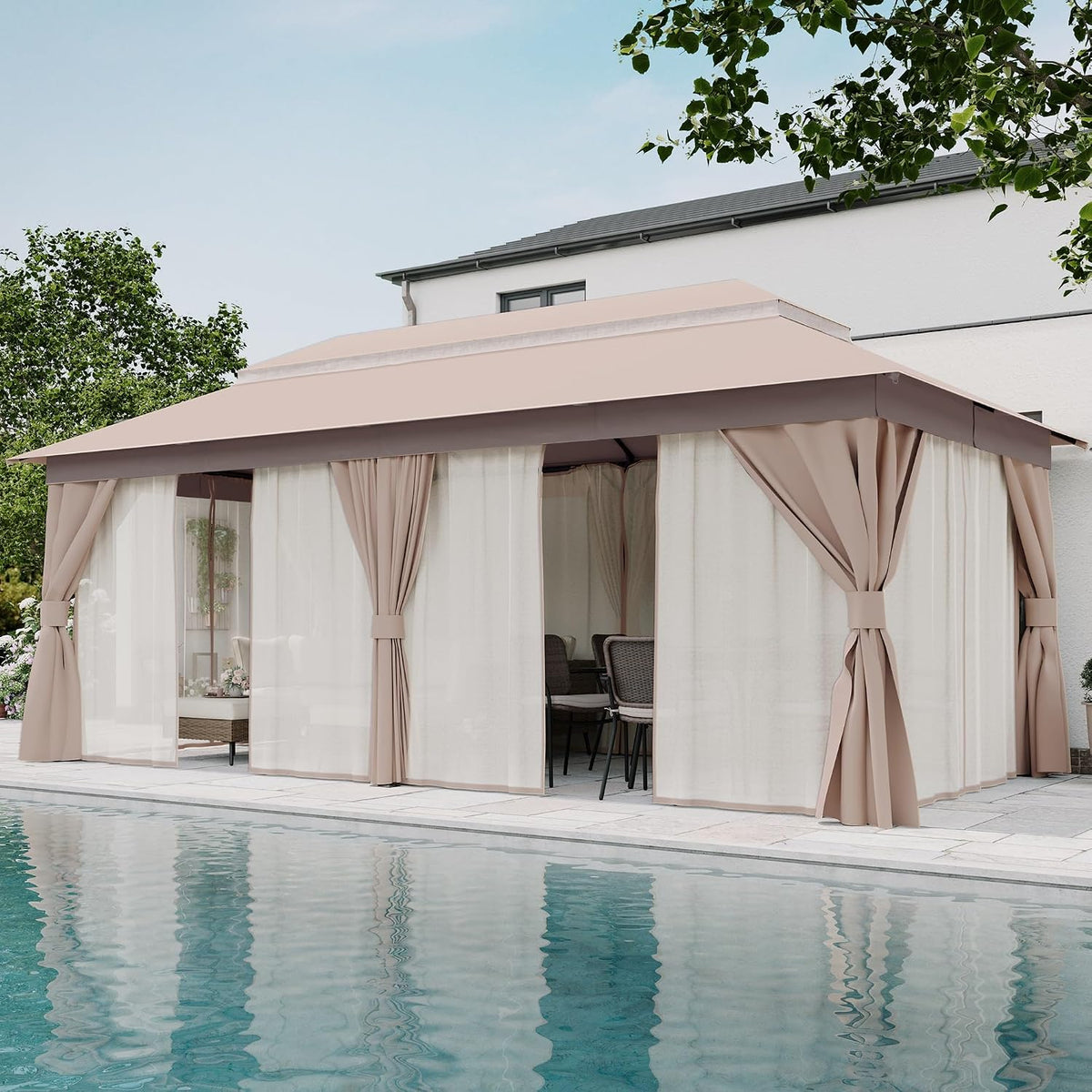 LAUSAINT HOME 10'x20' Outdoor Gazebo, Metal Frame Heavy Duty Patio Canopy Tent Shelter with Double Roofs, Mosquito Nettings and Privacy Screens for Backyard, Garden, Lawn, Khaki