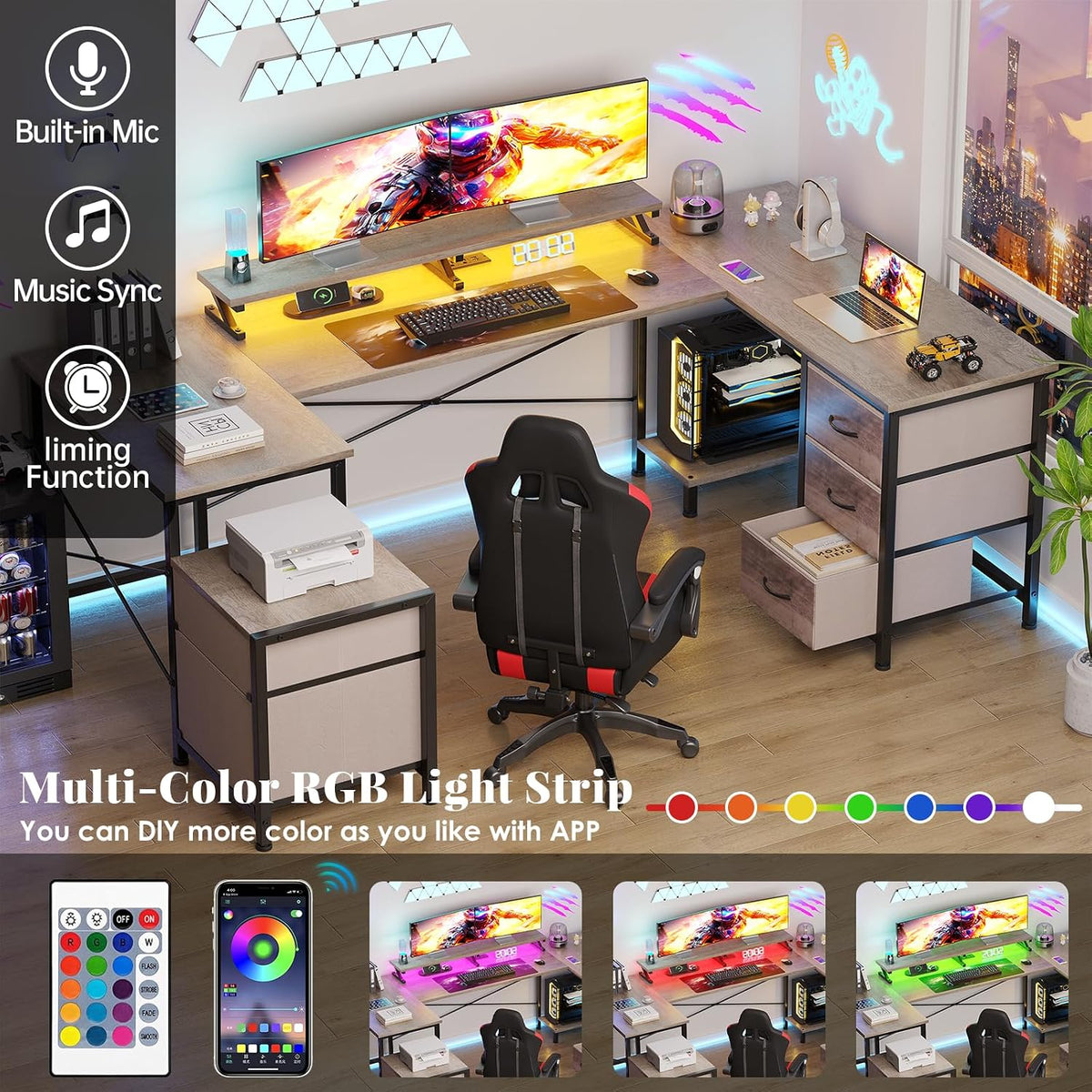 U Shaped Gaming Desk, Reversible L Shaped Computer Office Desk with Fabric Drawers, Monitor Stand, LED Lights, Corner Gamer Desk Table with Power Outlets & USB Ports, Grey