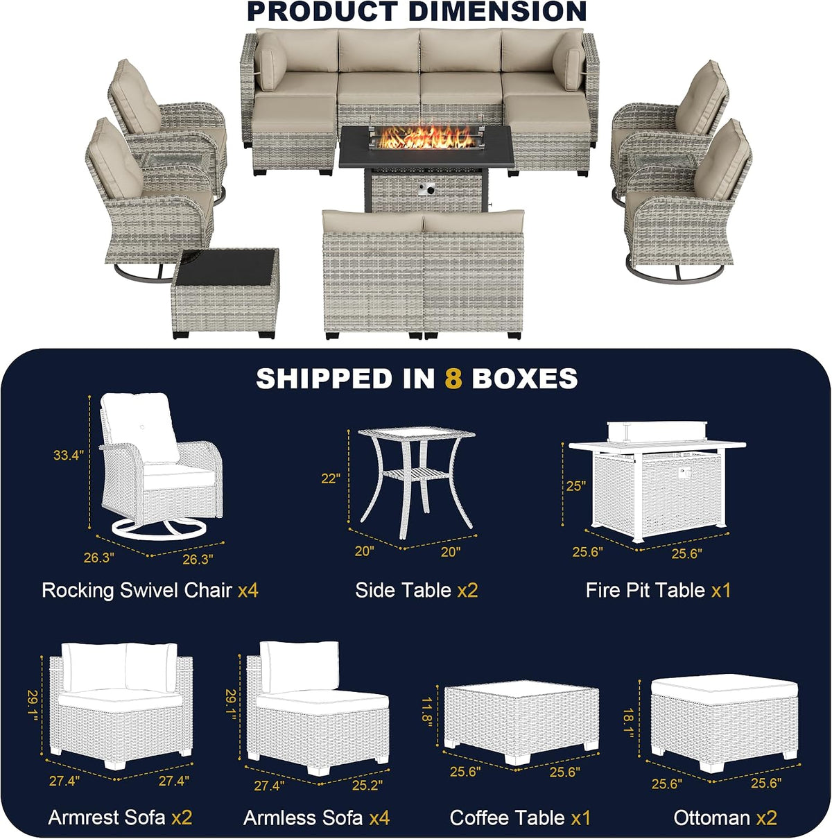 16-Piece Outdoor Patio Furniture Set with Rocking Swivel Chair, Wicker Rattan Sectional Sofa Conversation Set with 55,000 BTU Fire Pit Table with Ottomans, Backyard Furniture, Beige