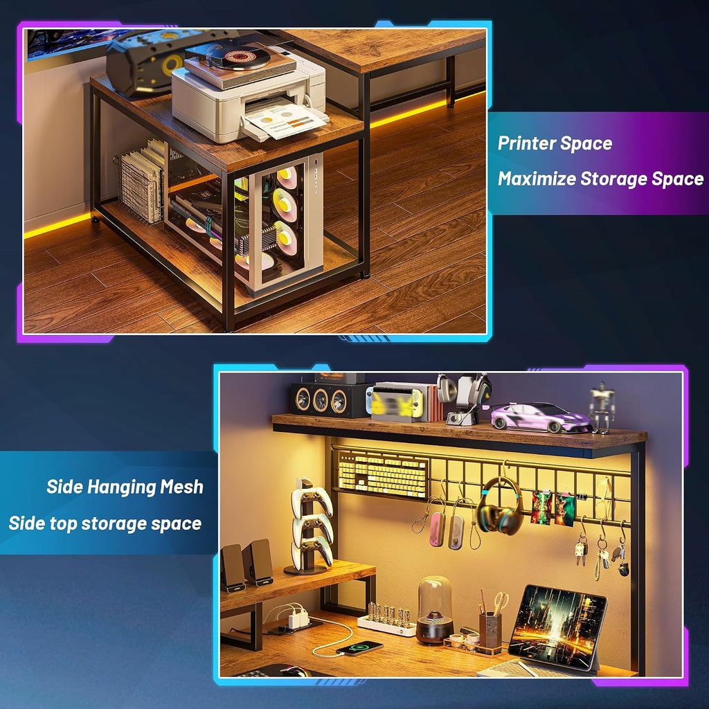 Gaming Desk with Shelves & Hooks, 63.5'L Shaped Computer Desk with LED Lights & Power Outlets & Monitor Stand and Printer Space for Home Office, Writing Desk of Bedroom, Living Room, Rustic Brown
