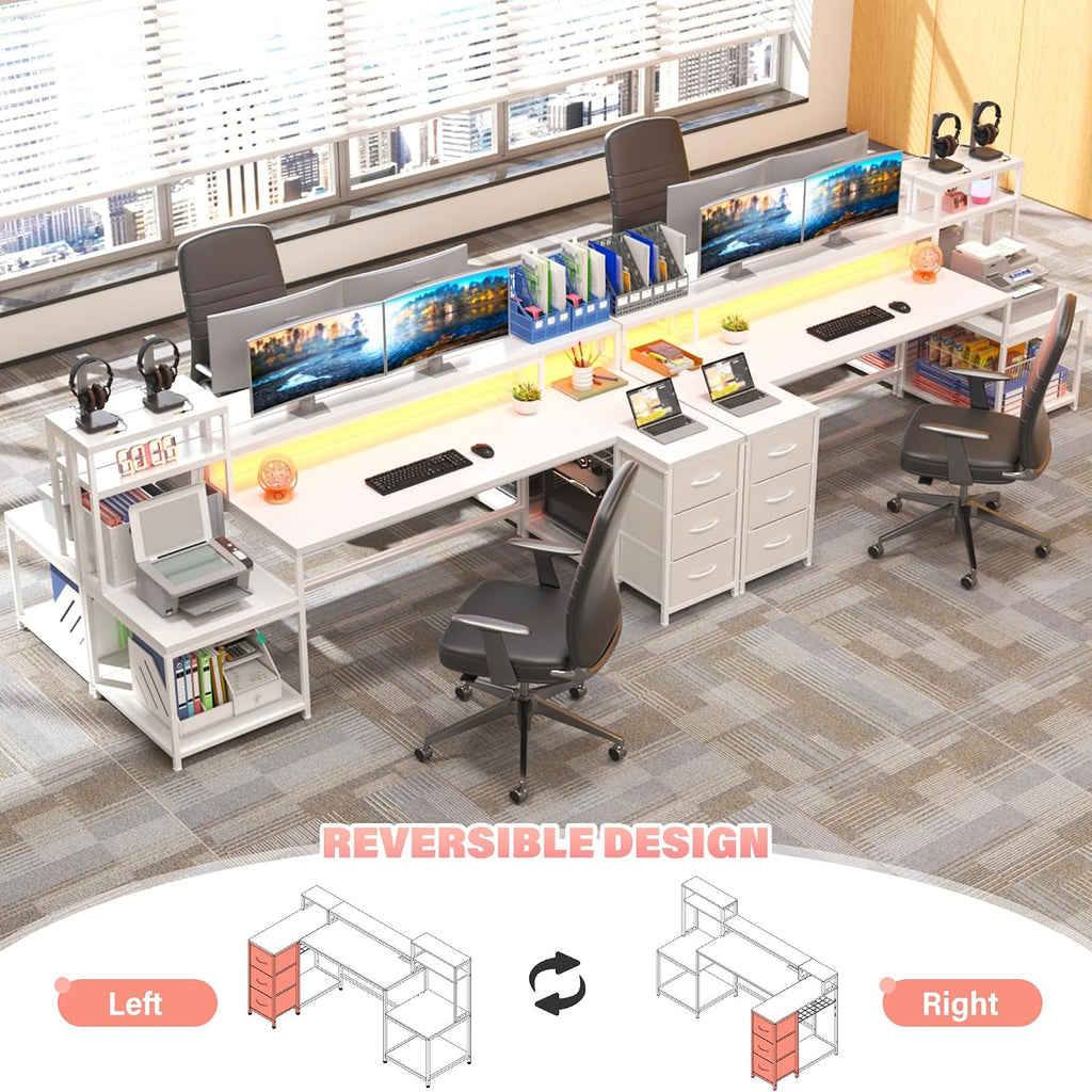 EnHomee 71' L Shaped Gaming Desk with LED Lights,White Computer Desk with Drawers and Printer Shelf,Power Outlet,Reversible Home Office Desks with Storage and Monitor Stand