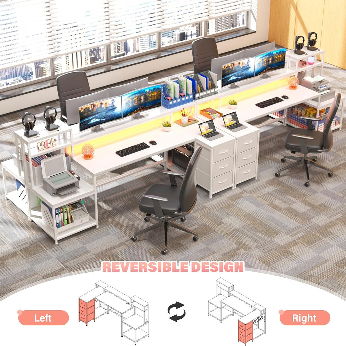 EnHomee 71' L Shaped Gaming Desk with LED Lights,White Computer Desk with Drawers and Printer Shelf,Power Outlet,Reversible Home Office Desks with Storage and Monitor Stand