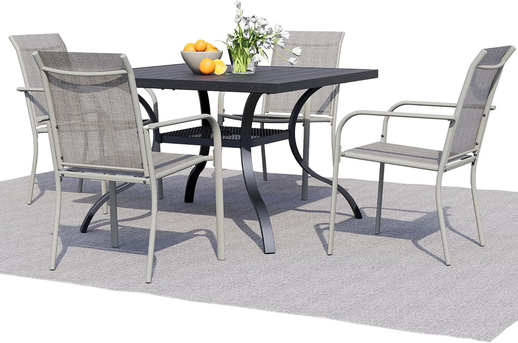 5 Pieces Outdoor Dining Set, Black Square Metal Table with Umbrella Hole & Stackable Chairs, Outside Furniture Set for Patio, Deck, Yard, Porch, Gray