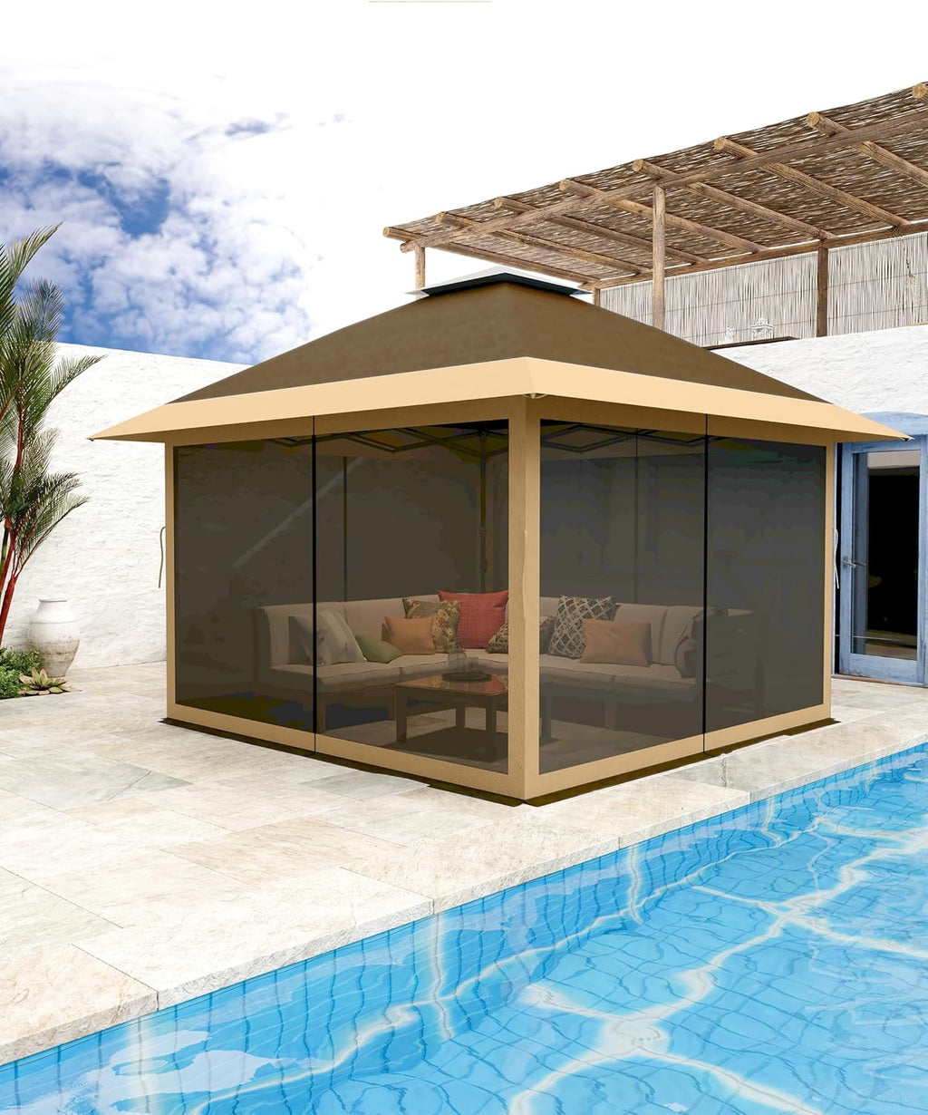 KYBOLT 12x12 Pop Up Gazebo Outdoor Canopy Shelter with Mosquito Netting 4 Stanbags Instant Gazebo Tent for Lawn, Garden, Backyard, Deck (Khaki + Dark Khaki)