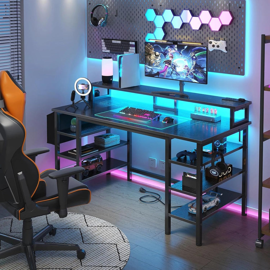 Lufeiya Gaming Desk with LED Lights and Storage Shelves, 47 inch Computer Desk with Power Outlets, Home Office Desk with Monitor Stand, Writing Table PC Desks, Black