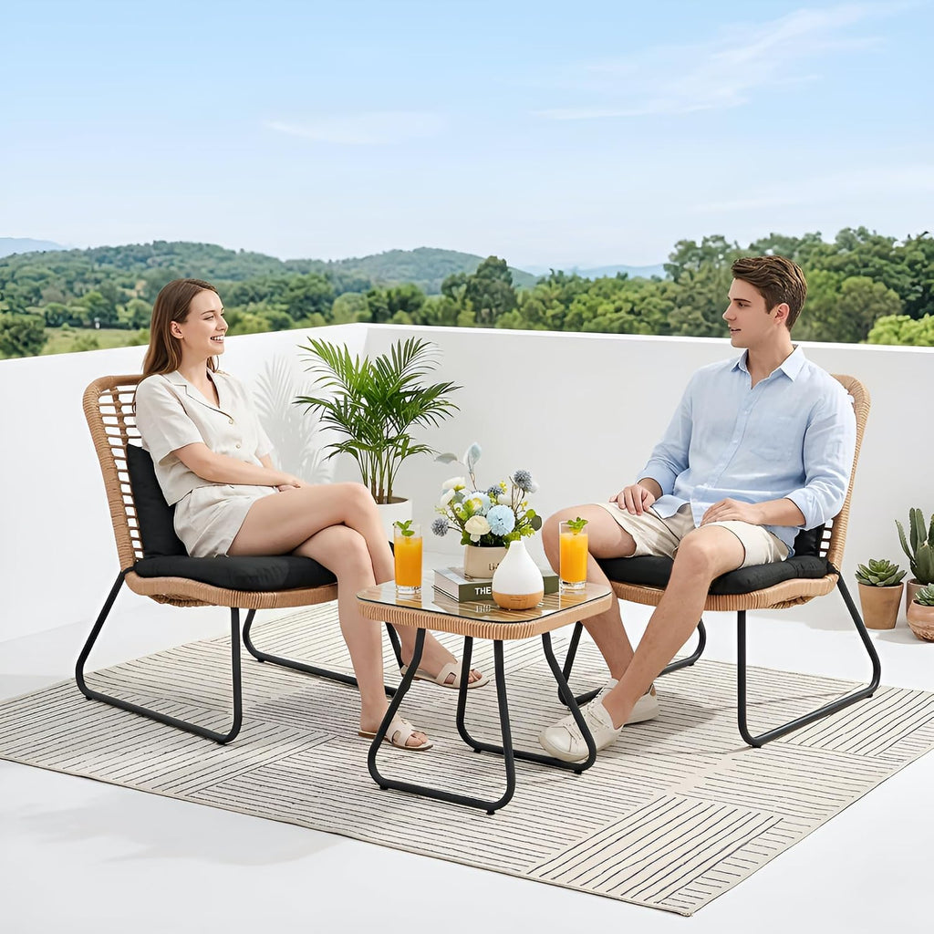 Tappio 3 Piece Outdoor Wicker Furniture Patio Bistro Set, Balcony Furniture Rattan Conversation Sets with Cushions, Wicker Patio Chairs Patio Furniture Set for Outdoor Poolside Garden