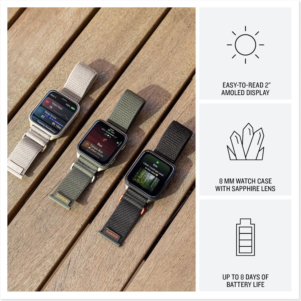 Garmin® Venu® X1, Thin and Lightweight GPS Smartwatch, AMOLED Display, Advanced Health and Fitness Features, Soft Gold with Titanium Caseback and French Gray ComfortFit Nylon Band