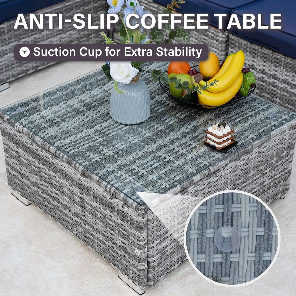 7-Piece Outdoor Patio Furniture Set – Handwoven All-Weather Rattan & 4' Thick Waterproof Cushions, Wicker Outdoor Conversation Sets with Coffee Table for Deck, Backyard, Garden, 2026, Blue/Grey