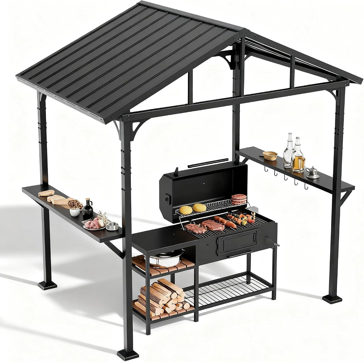 8' x 5' Hardtop Grill Gazebo,Outdoor BBQ Canopy Shelter with 2 Side Shelves and 5 Side Hooks,Patio Pavilion with Galvanized Steel Roof for Patio Lawn Backyard Garden