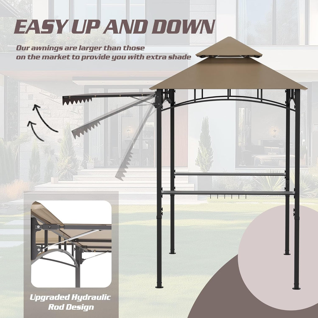 8'X8' Grill Gazebo Canopy - Heavy Duty Steel Frame, Double Tiered Grill Canopy for Outdoor Grill W/Shelves, Ceiling Hooks, Ground Stakes, Patio Canopys Tent BBQ Gazebo Backyard (Kahki)