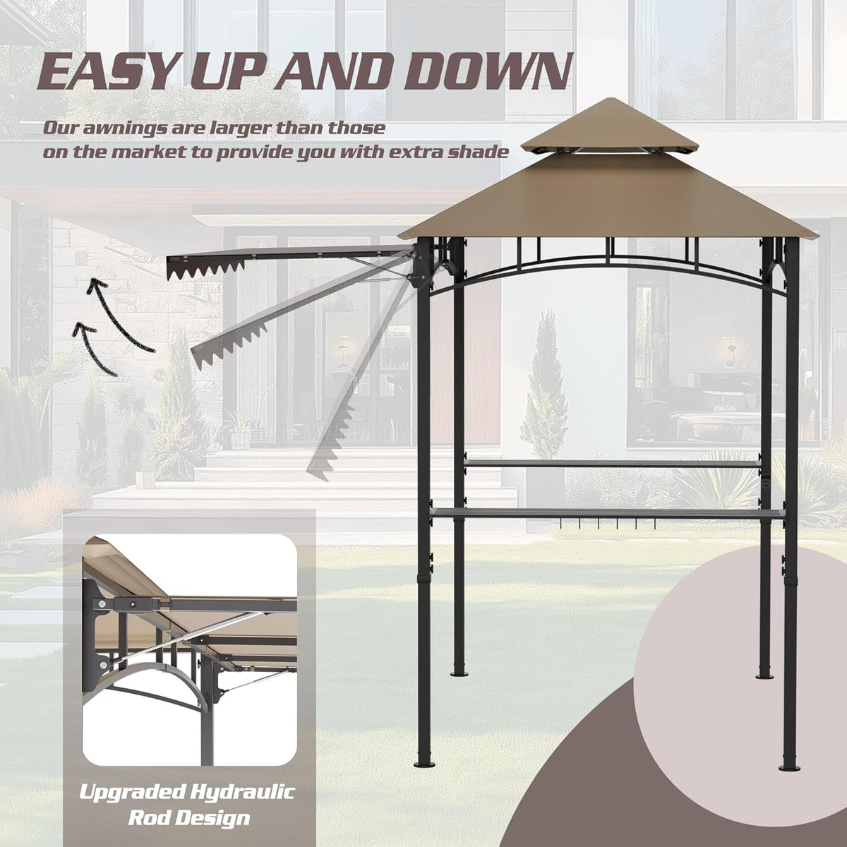 8'X8' Grill Gazebo Canopy - Heavy Duty Steel Frame, Double Tiered Grill Canopy for Outdoor Grill W/Shelves, Ceiling Hooks, Ground Stakes, Patio Canopys Tent BBQ Gazebo Backyard (Kahki)