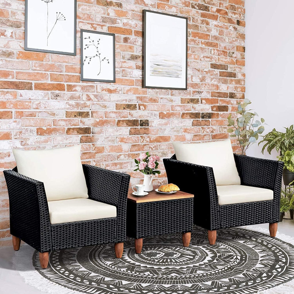 LDAILY Patio 3 Pieces Patio Furniture Set, PE Rattan Outdoor Wicker Sofa Chair with Washable Cushion & Wood Storage Table, Patio Conversation Set for Porch, Yard, Garden (White)