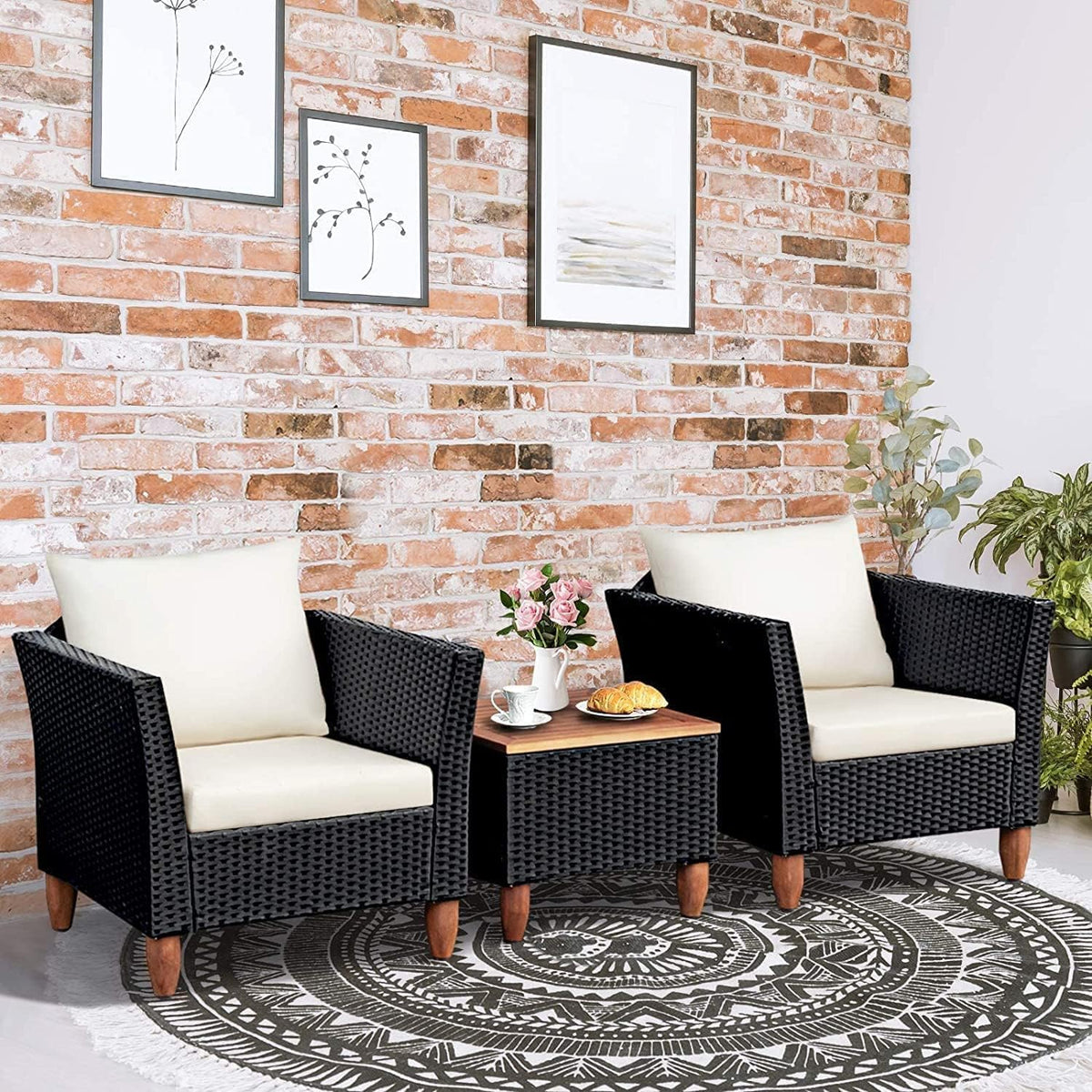 LDAILY Patio 3 Pieces Patio Furniture Set, PE Rattan Outdoor Wicker Sofa Chair with Washable Cushion & Wood Storage Table, Patio Conversation Set for Porch, Yard, Garden (White)