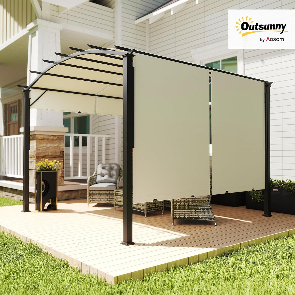 Outsunny 11' x 11' Outdoor Retractable Pergola Canopy, Arched Sun Shade Shelter, Metal Frame Patio Canopy for Backyard, Garden, Porch, Beach, Beige