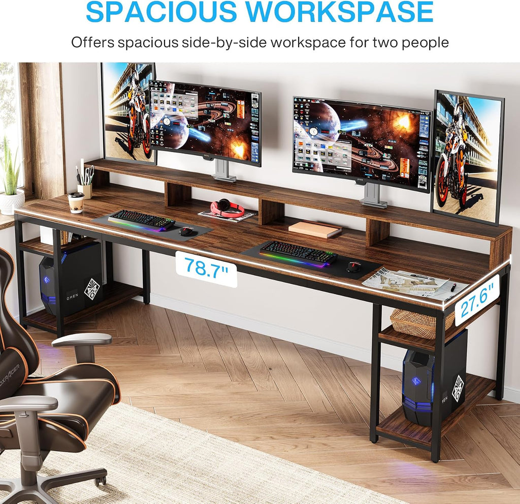 Tribesigns Two Person Desk with Monitor Stand, 78.74' Long Double Computer Office Desk with Storage Shelves, Large Gaming Study Writing Table Workstation for Home Office (Rustic Brown)
