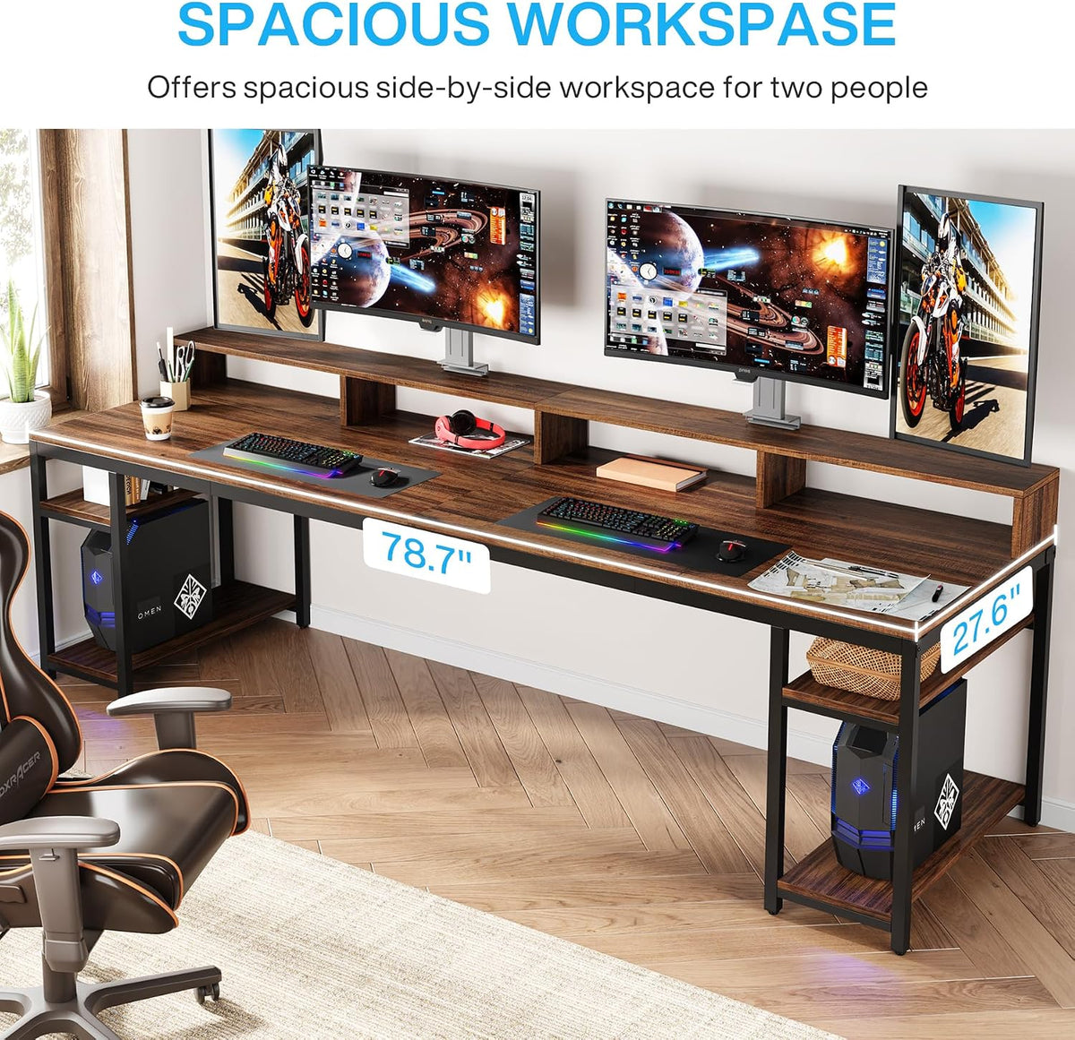 Tribesigns Two Person Desk with Monitor Stand, 78.74' Long Double Computer Office Desk with Storage Shelves, Large Gaming Study Writing Table Workstation for Home Office (Rustic Brown)
