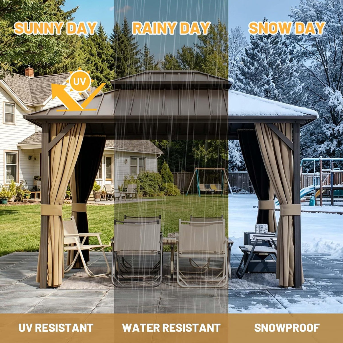 10x12 ft Hardtop Gazebo Outdoor Aluminum Patio Gazebo Double Roof Galvanized Steel Canopy with Netting and Curtains for Garden, Backyard, Deck and Lawns.