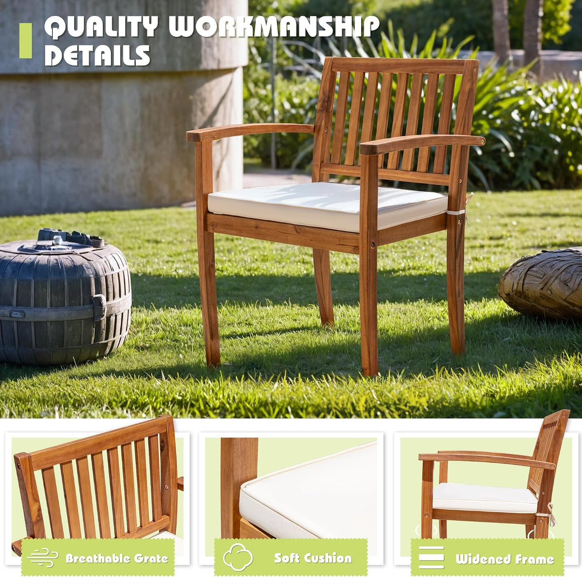 Flamaker 5 Piece Outdoor Dining Set Acacia Wood Patio Table and Chairs with Soft Cushions Patio Furniture for Deck, Backyard, Garden