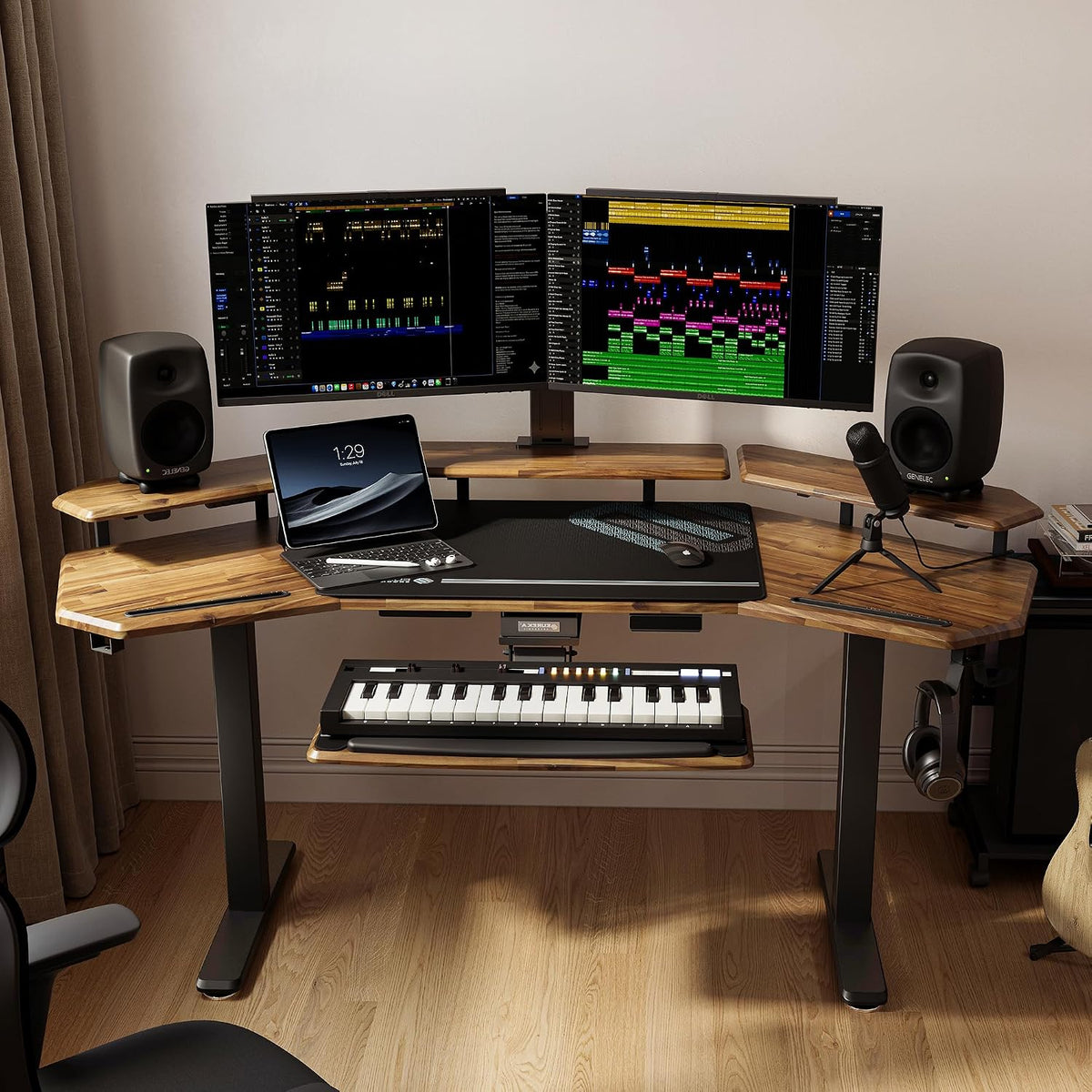 EUREKA ERGONOMIC Solid Wood Top Gaming Desk, 72' Dark Acacia Wood Wing-Shaped Studio Desk with Keyboard Tray, LED Shelves, Heavy-Duty Recording & Live Stream Desk