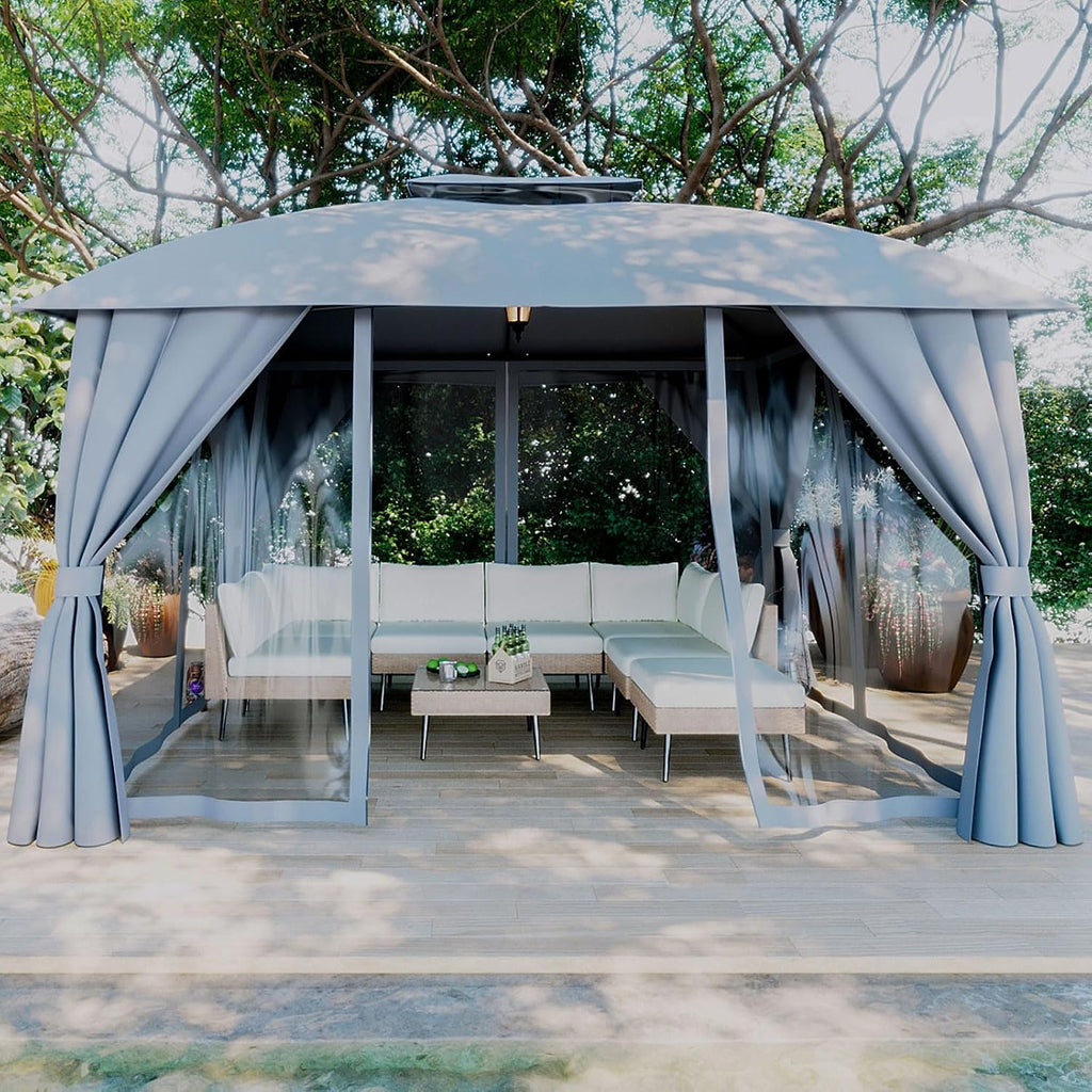 Gazebo 10x12(Canopy Size) with Mosquito Netting & Privacy Screens. Double Roof Design Outdoor Gazebo with Trapezoidal Support System for Patio, Deck, Backyard, Garden & Lawns (Charcoal Gray)