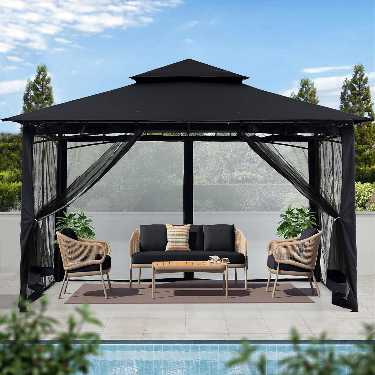 MASTERCANOPY Outdoor Garden Gazebo for Patios with Stable Steel Frame and Netting Walls (10x12,Black)