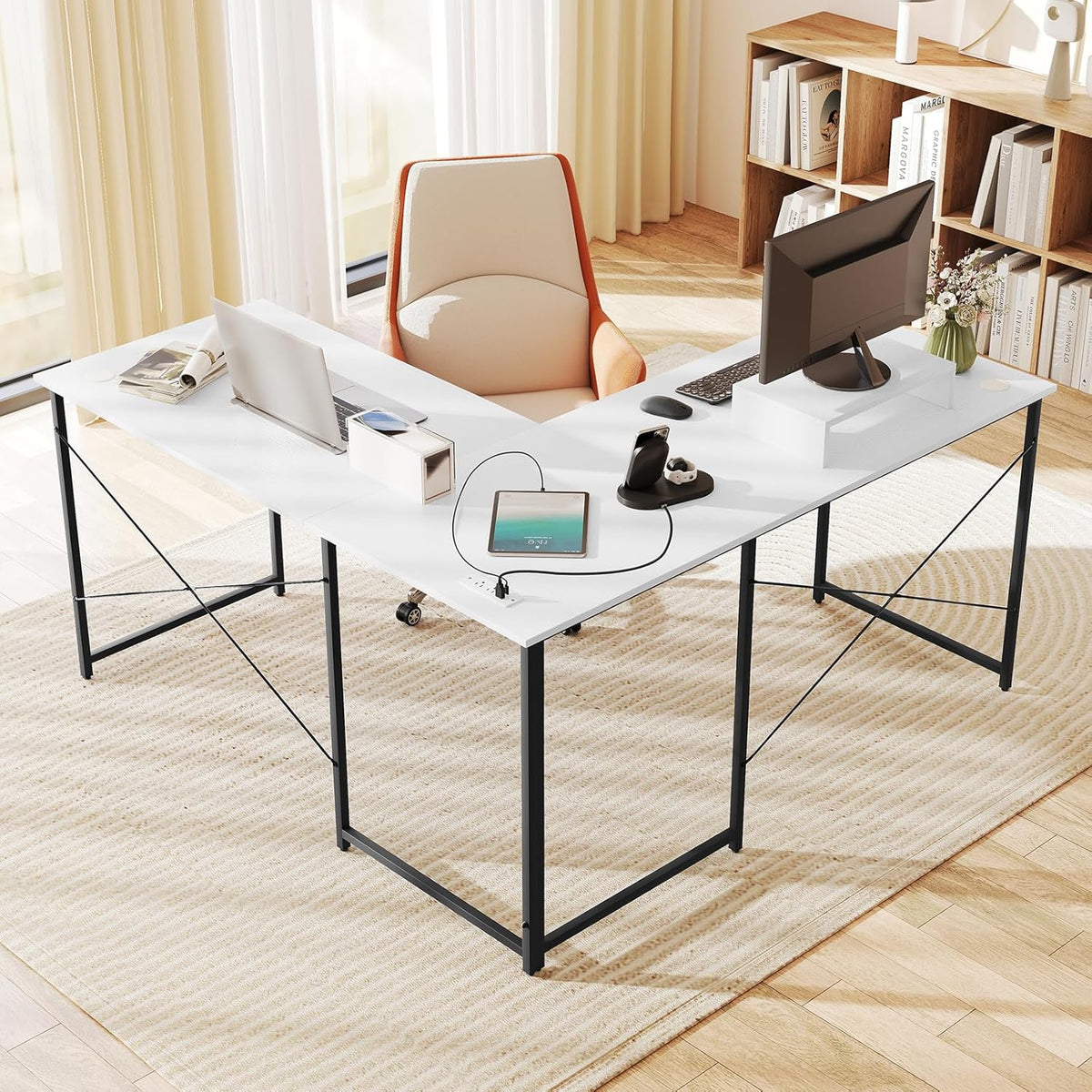 Tangkula L-Shaped Computer Desk with Power Outlets, 95' Long 2-Person Desk with Monitor Shelf, Modern Corner Desk Gaming Table with USB Ports for Home Office